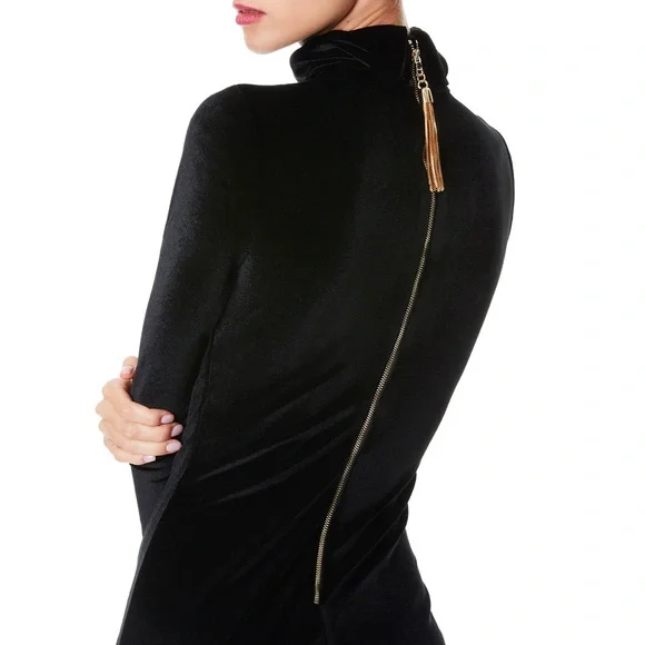 Alice + Olivia Delora Black Velvet Tassel Back Midi Dress